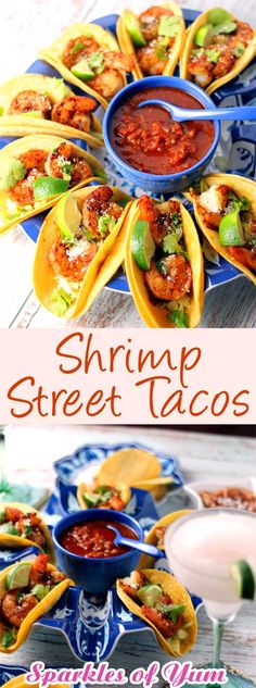 shrimp street tacos on a plate with salsa