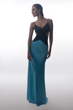 Satin and lace maxi dress with cutouts turquoise/black 1X630 – look stylish and feel comfortable. Shop now at Rasario and get free shipping Brown Sequin Dresses, Dress With Cutouts, Satin Gown, Lace Maxi, Look Stylish, Lace Maxi Dress, Lookbook Outfits, Couture Fashion, Moda Operandi