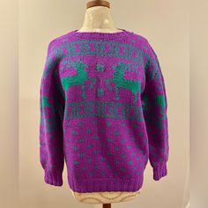 Brrrr.....It's Soon To Be Cold Outside! Lovely Vintage Ralph Lauren Wool Hand Knit Novelty Reindeer Sweater In Beautiful Condition From Original Owner. Crew Neck With Ribbed Collar & Cuffs Color Is A Jewel Tone Purple And Kelly Green. Dry Clean Only. This Has Always Been In My Smoke Free Home. Purchased At Saks Fifth Ave. This Is Marked Small, However, Because It Is Vintage, Refer To All Measurements Here And Compare To Something Similar You Already Own For A Perfect Fit. If You Like To Layer, Give Yourself A Little Wiggle Room. Measurements Taken With Sweater Laying Flat: Overall Length: 25" Sleeve Length: 21-1/2" Should Seam To Shoulder Seam: 17-1/2" Bust ( Arm Pit To Arm Pit) : Jewel Tone Purple, Room Measurements, Reindeer Sweater, Vintage Ralph Lauren, Lauren Green, Cold Outside, Ralph Lauren Sweater, Kelly Green, Collar And Cuff