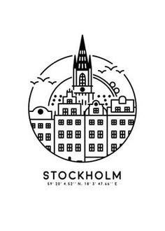 a black and white drawing of stockholm with buildings in the center, on a white background