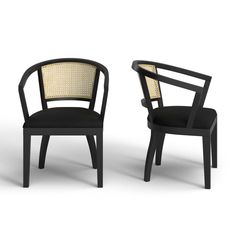 two chairs with black upholstered back and arms