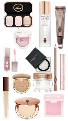 Aesthetic Charlotte Tilbury, Fenty Beauty Powder, Huda Beauty Powder, Charlotte Tilbury Bronzer, Fenty Highlighter, Fenty Beauty Highlighter, Too Faced Blush, Makeup Routines