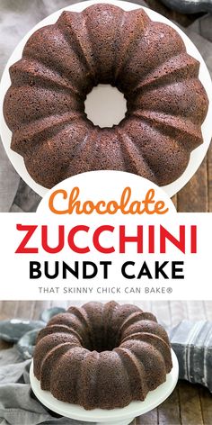 chocolate zucchini bunt cake on a white plate with the title above it