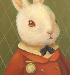 a painting of a white rabbit wearing a red coat