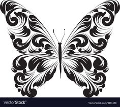 a black and white butterfly with swirls on it's wings, isolated against a white background