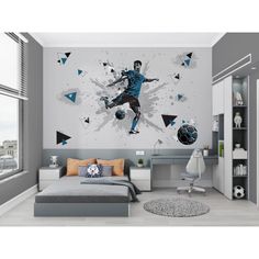 a bedroom with a soccer player mural on the wall