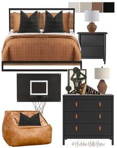 a bedroom with brown and black accents