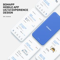 four smartphones with the text bombp mobile app ux / ly / experience design