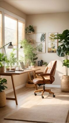 a chair and desk in a room with potted plants