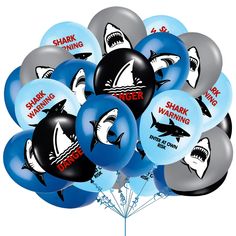 shark warning balloons are shown in blue and gray colors with sharks on them, as well as the words shark warning