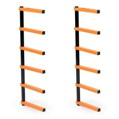 an orange and black shelf with two shelves on each side, in the shape of letters e