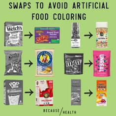 several different types of food are shown with the words swapps to avoid artificial food coloring