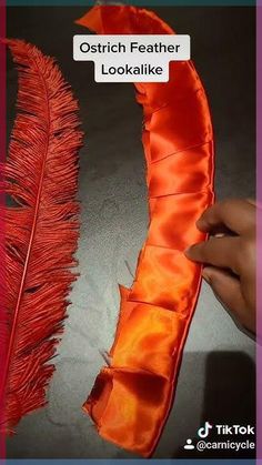 an orange feather is laying on the floor next to a red piece of material with words that read ostrich feather look alike