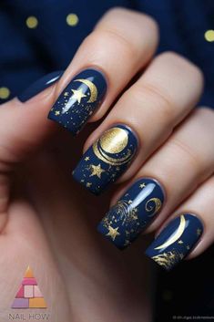 Elevate your style with this chic moon nails design. The gold and navy blue combination makes for a sophisticated and classy look, perfect for any occasion. Find more moon nail art at nailhow.com. Moon Nail Designs, Navy Blue Combination, Celestial Nails, Moon Nail Art, Matte Nail Colors