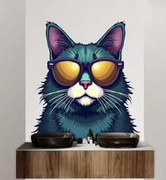 a cat with sunglasses on top of it's head sitting next to two bowls