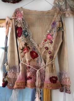 ☮ American Hippie Bohemian Style ~ Boho .. Cherry rose-- cute reworked vintage wrap cardi with nuno felted details,  hand embroidered, bohemian romantic ❤️ #Bohemian Style #Womens Interest Bohemian Schick, Moda Hippie, Mode Hippie, Estilo Hippie, Old Sweater, Reworked Vintage, Mode Boho, Hippie Bohemian