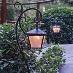 an outdoor lamp in the middle of some bushes