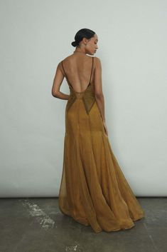 Kamperett Simone Slip Dress - Brass | Garmentory Satin Slip Maxi Dress, Spaghetti Strap Wedding Dresses, Earth Tones Bridesmaids, Bodas Boho Chic, Gown Details, Bohemian Gown, Godet Dress, Low Back Dress, Unique Dress