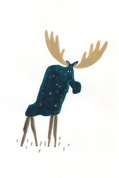 a drawing of a blue moose with gold antlers on it's back legs