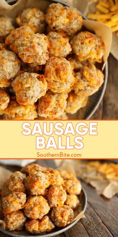 sausage balls in a metal bowl on top of a wooden table