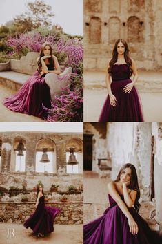 a woman in a long purple dress posing for pictures