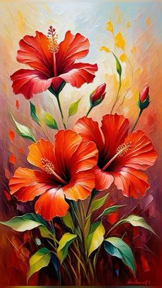 a painting of red flowers on a brown background