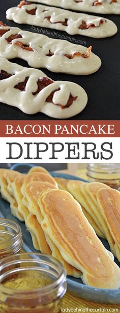 bacon pancakes with white icing are on a blue plate and next to small bowls of dipping sauce