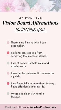 a pink and white poster with the words vision board affirmations to inspire you