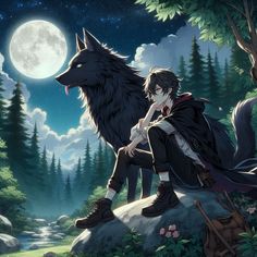 a man sitting on top of a rock next to a wolf under a full moon