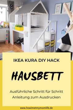 a kid's room with bunk beds and toys in it, the text reads hausbett