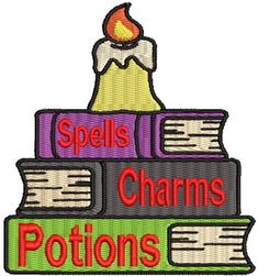 a stack of books with the words spells, charms, and potions on top