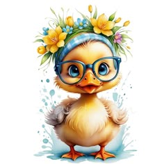 a duck wearing glasses and a flower crown