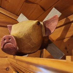 a pig head hanging from the side of a wooden wall