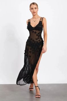 Details: Elasticity: Slight Stretch Silhouette: Pencil Neckline: V-Neck Decoration: Appliques Closure Type: Pullover Waistline: Natural Mesh Long Dress, Long Flower Dress, Long Dress For Women, Dress For Party, Work Chic, Long Black Dress, Strapless Mini Dress, Sheer Dress, Glamorous Evening Gowns