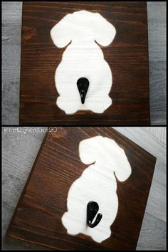 two pictures of a dog's head on wood