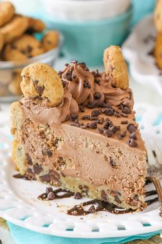 a slice of chocolate chip cookie cake on a plate