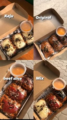 four pictures showing different types of food in a box with sauces and condiments