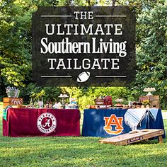 the ultimate southern living tailgate sign is in front of picnic tables with blankets on them