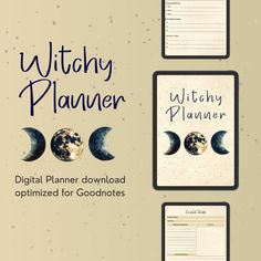 the witch planner is on display in three different frames, with an image of the moon and