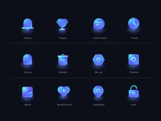 the icons are glowing blue and have different shapes, sizes, and colors to match