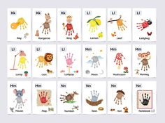 an image of children's handprints with different animals and letters on them