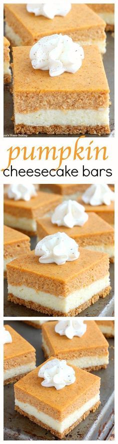 pumpkin cheesecake bars with marshmallows on top and whipped cream in the middle