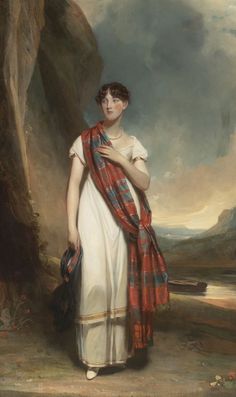 a painting of a woman with a red and blue scarf standing in front of a mountain