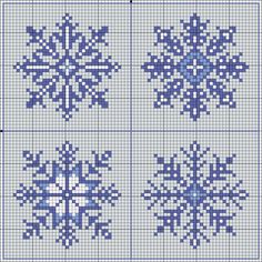 four different snowflakes are shown in blue and white cross - stitch pattern designs