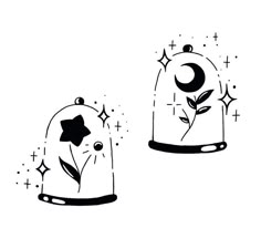 two black and white drawings of flowers in glass domes with stars on them, one has a crescent