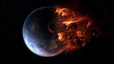 an image of the earth with fire coming out of it's core, and another planet in the background