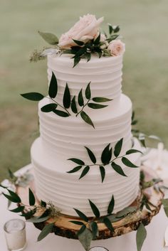 a white wedding cake with greenery on top