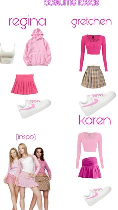 three girls in pink and white outfits with the names of different items on them, including shoes