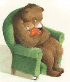 a drawing of a bear sitting in a green chair eating an orange piece of food