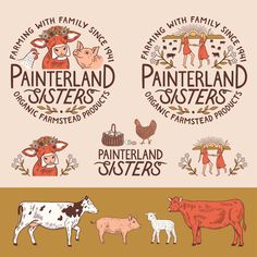 three different logos with farm animals and people in the middle one has an image of a cow